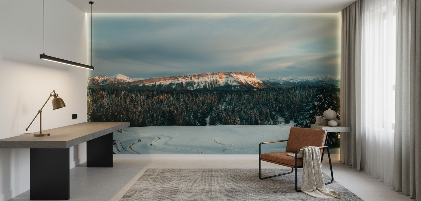 Paysage Montagnard Hivernal avec Sommets Enneigés et Forêts Alpines - Bureau