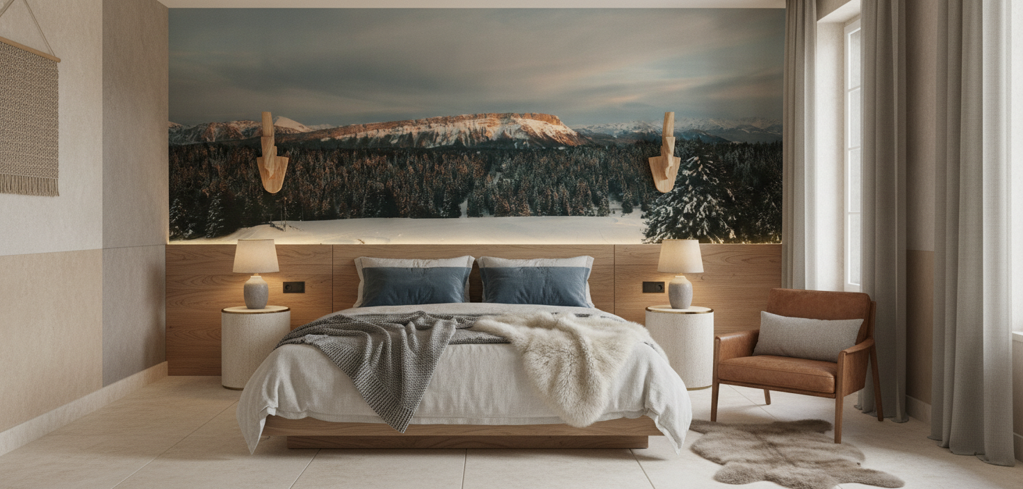 Paysage Montagnard Hivernal avec Sommets Enneigés et Forêts Alpines - Chambre adulte