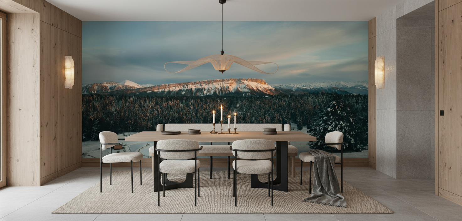 Paysage Montagnard Hivernal avec Sommets Enneigés et Forêts Alpines - Salle à manger