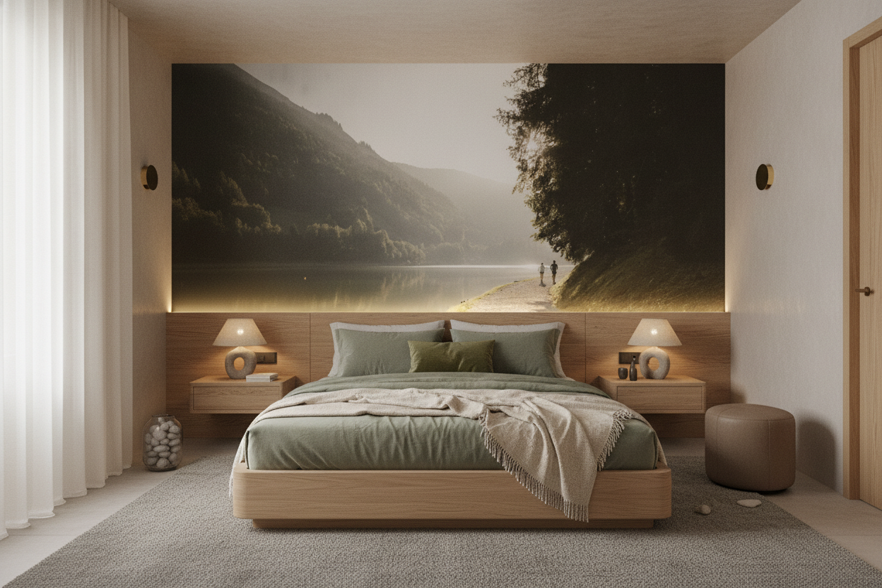 Paysage montagnard paisible avec lac et sentier forestier au coucher de soleil - Chambre adulte