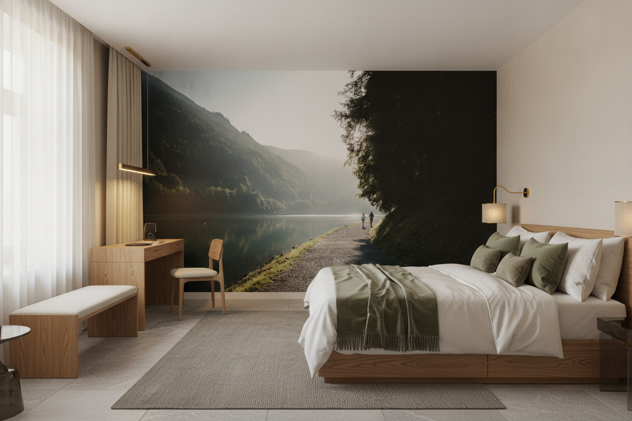 Paysage montagnard paisible avec lac et sentier forestier au coucher de soleil — Hôtel