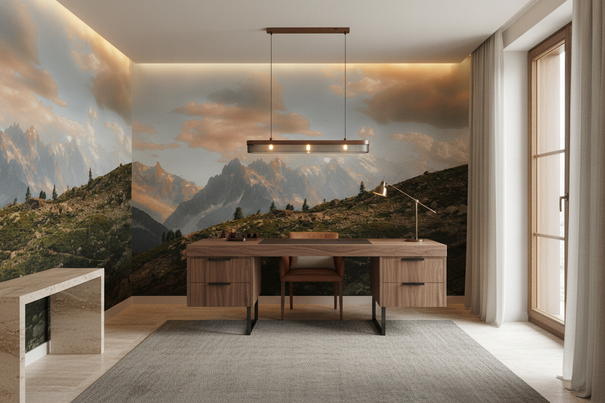 Paysage montagneux alpin au coucher de soleil avec sommets enneigés - Bureau