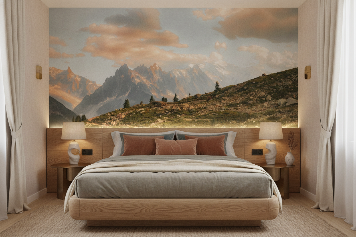 Paysage montagneux alpin au coucher de soleil avec sommets enneigés - Chambre adulte