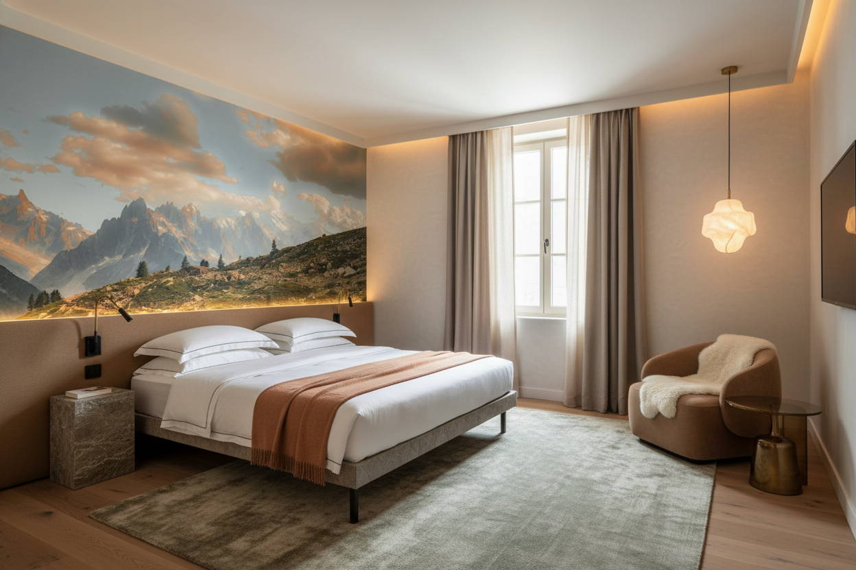 Paysage montagneux alpin au coucher de soleil avec sommets enneigés — Hôtel