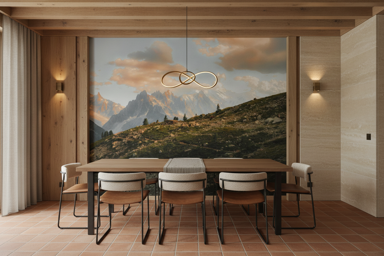 Paysage montagneux alpin au coucher de soleil avec sommets enneigés - Salle à manger