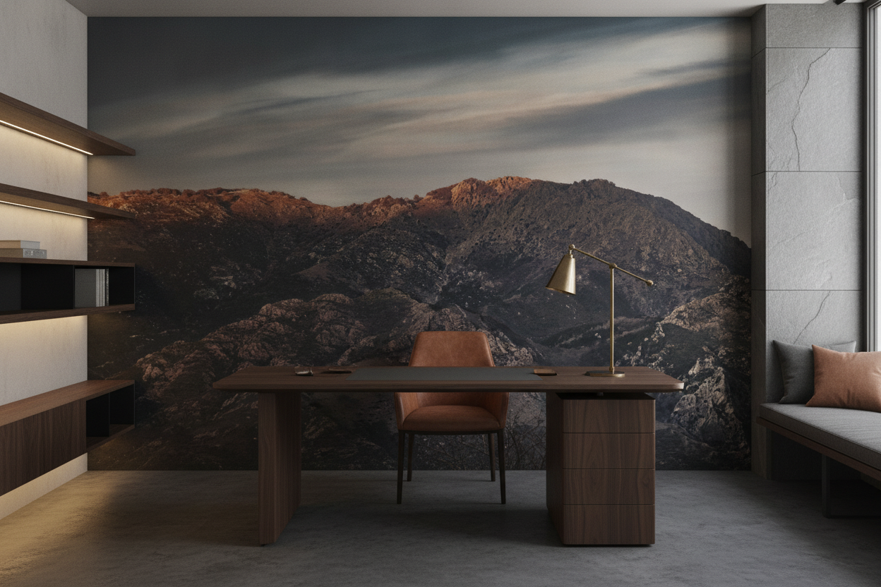 Paysage montagneux au coucher du soleil avec ciel nuageux — Bureau