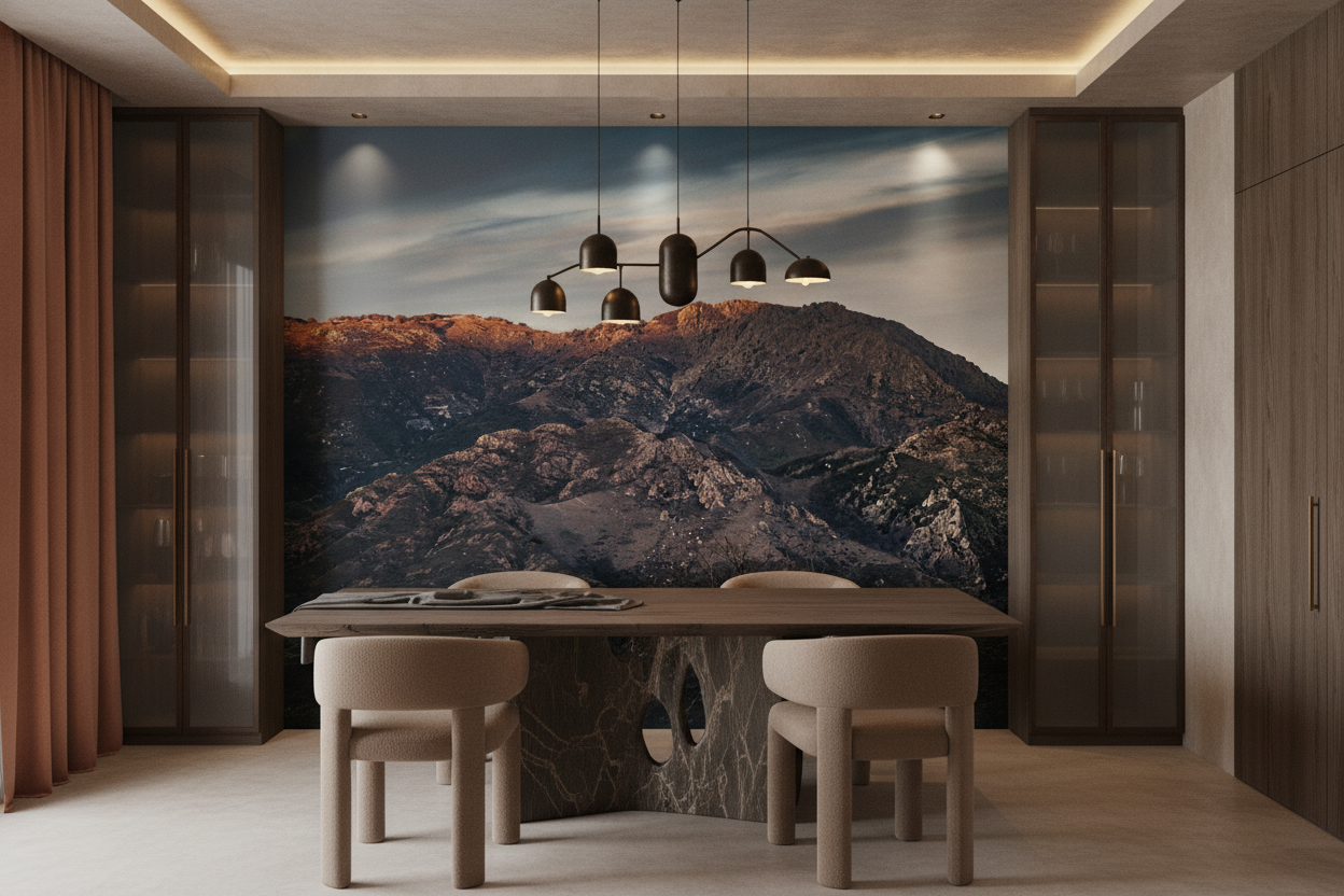 Paysage montagneux au coucher du soleil avec ciel nuageux - Salle à manger
