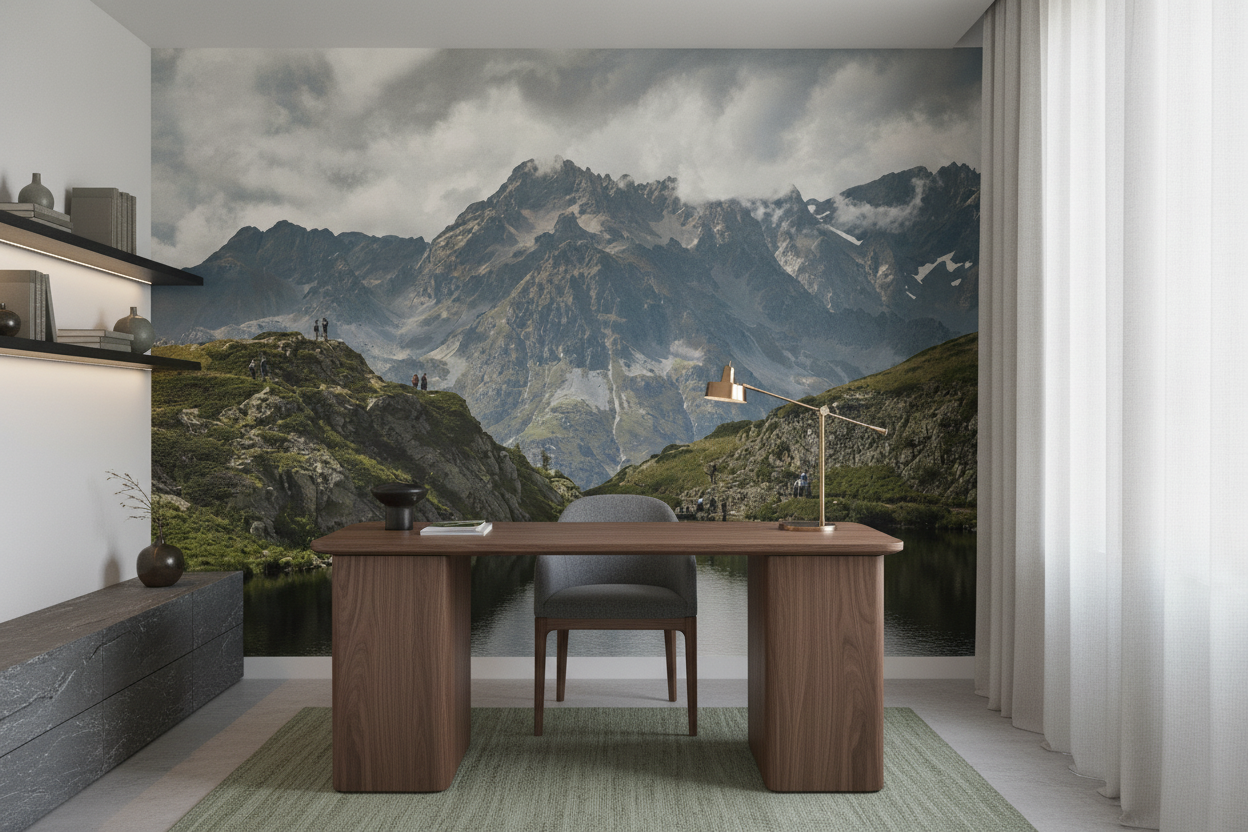 Paysage montagneux avec lac et randonneurs sous ciel nuageux - Bureau