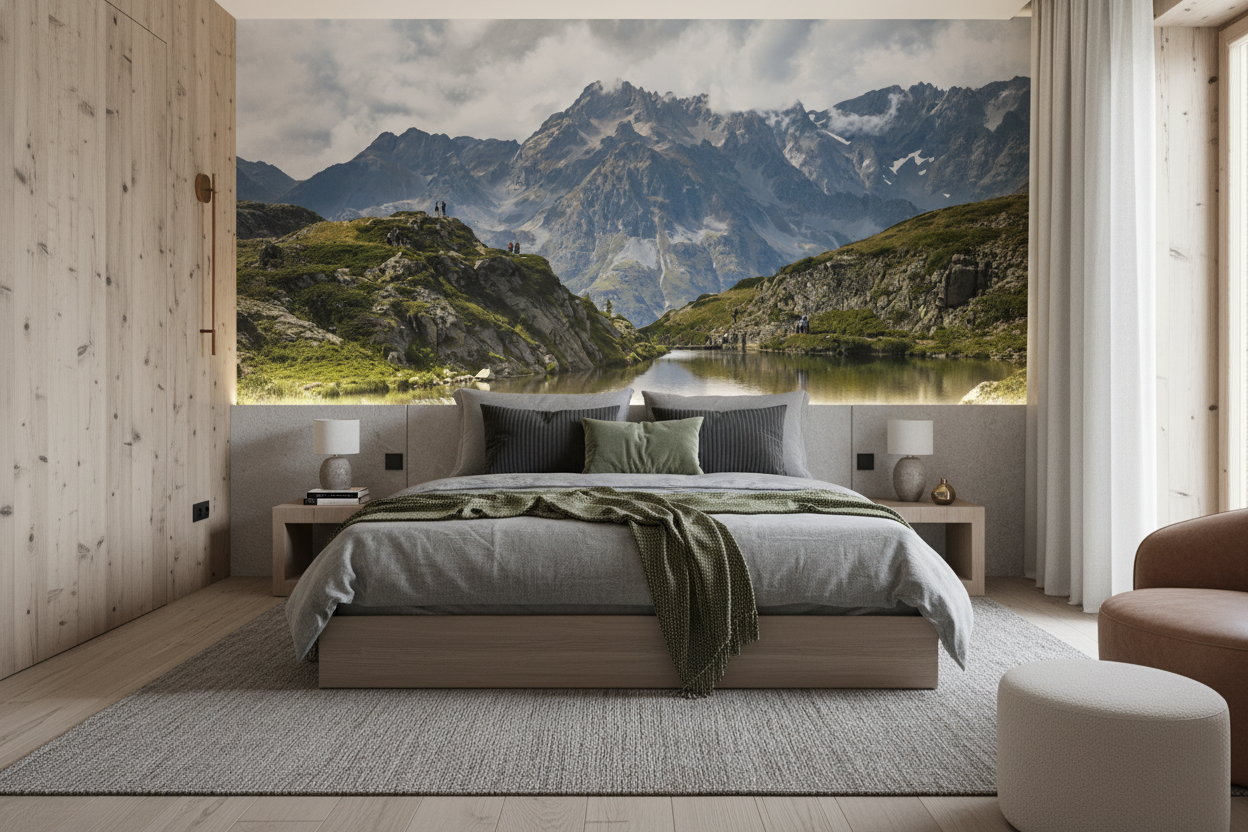 Paysage montagneux avec lac et randonneurs sous ciel nuageux - Chambre adulte
