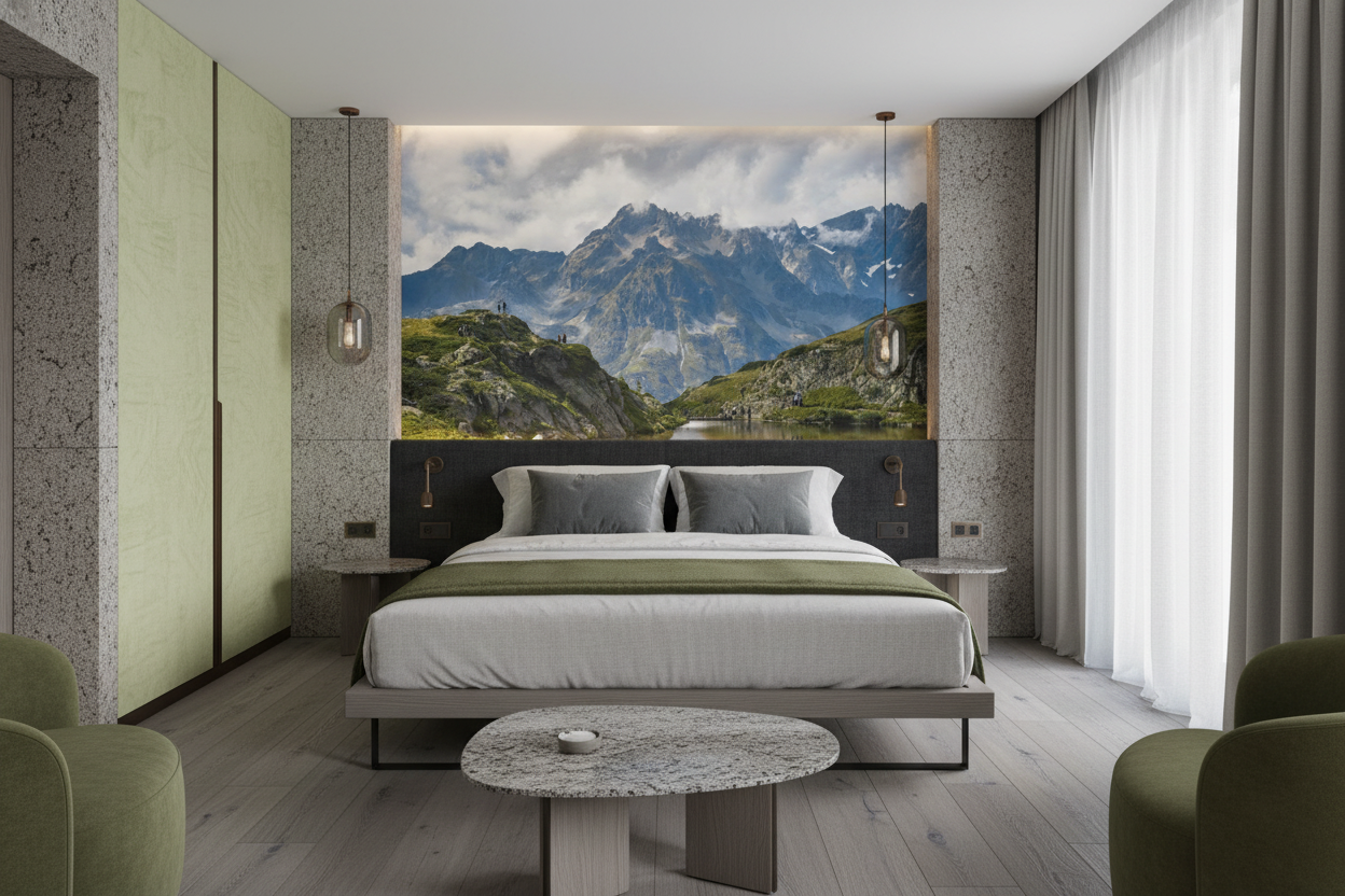 Papier Peint Alpes Lac de Montagne Randonneurs Ciel Nuageux — Hôtel