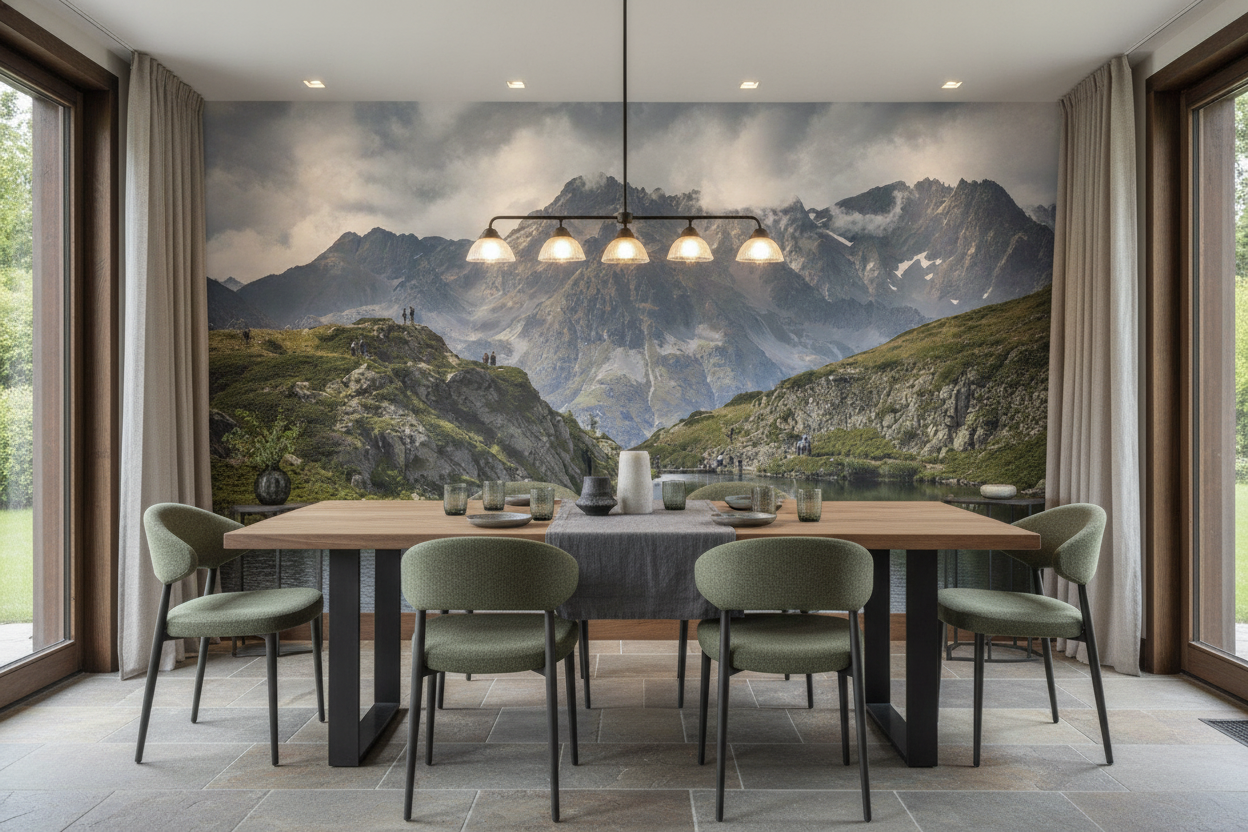 Paysage montagneux avec lac et randonneurs sous ciel nuageux - Salle à manger