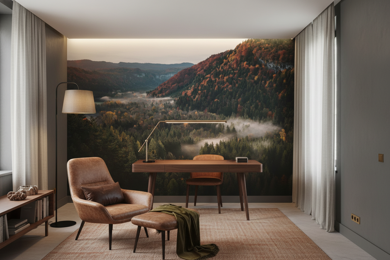 Paysage Montagneux d'Automne avec Brume et Forêt Colorée - Bureau