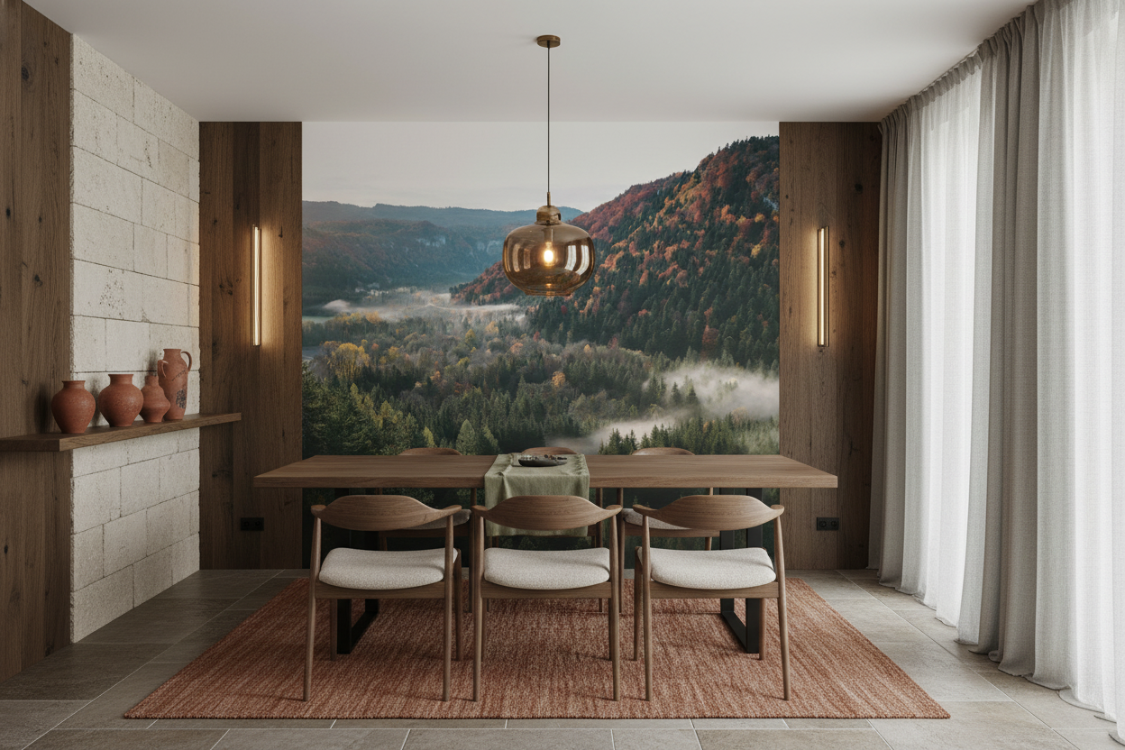 Paysage Montagneux d'Automne avec Brume et Forêt Colorée - Salle à manger