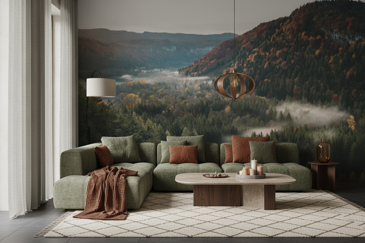 Paysage Montagneux d'Automne avec Brume et Forêt Colorée - Salon / Séjour