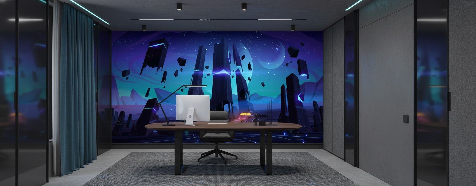 Paysage spatial futuriste avec véhicule explorant planète aux aurores boréales - Bureau