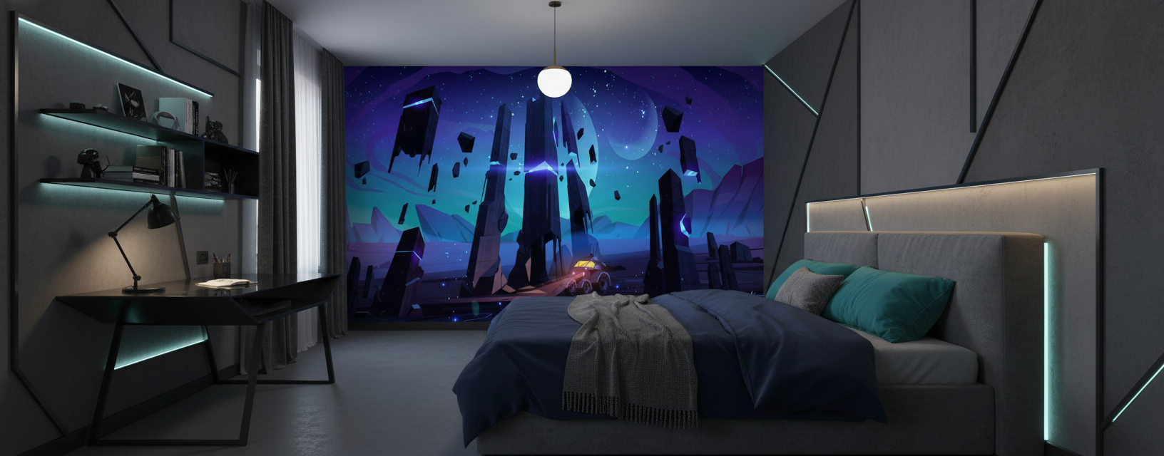 Paysage spatial futuriste avec véhicule explorant planète aux aurores boréales - Chambre ado