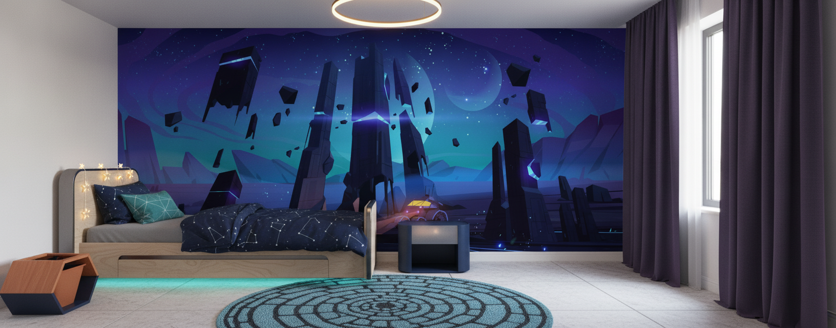 Paysage spatial futuriste avec véhicule explorant planète aux aurores boréales - Chambre enfant