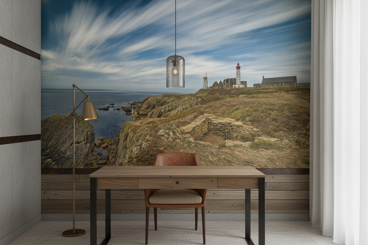 Phare Breton sur Falaises Rocheuses avec Ciel Nuageux Dramatique - Bureau