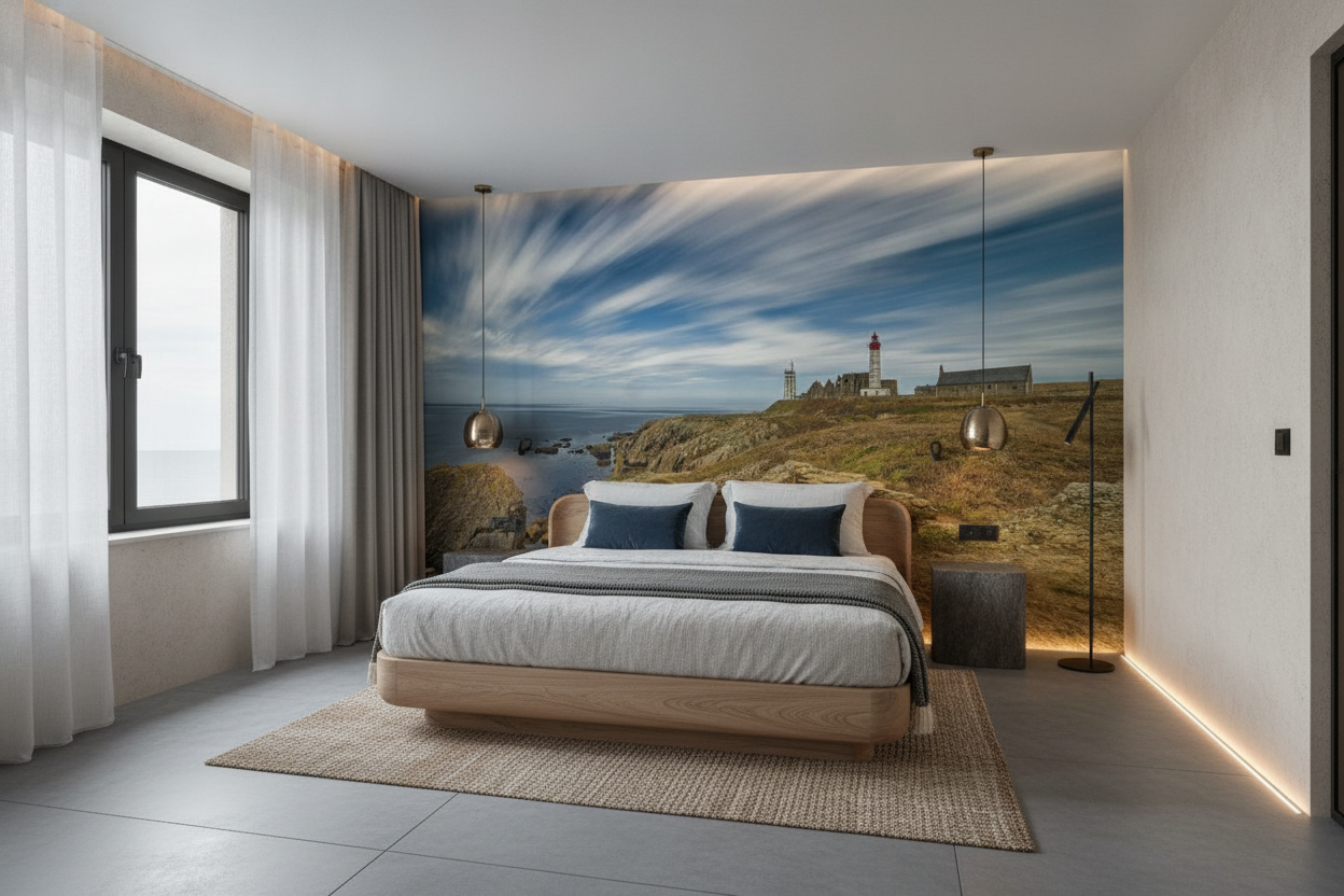 Phare Breton sur Falaises Rocheuses avec Ciel Nuageux Dramatique — Hôtel