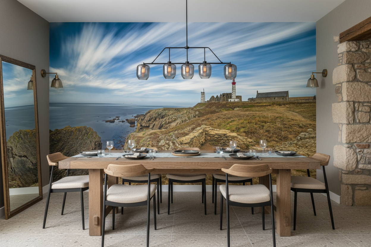 Phare Breton sur Falaises Rocheuses avec Ciel Nuageux Dramatique - Salle à manger