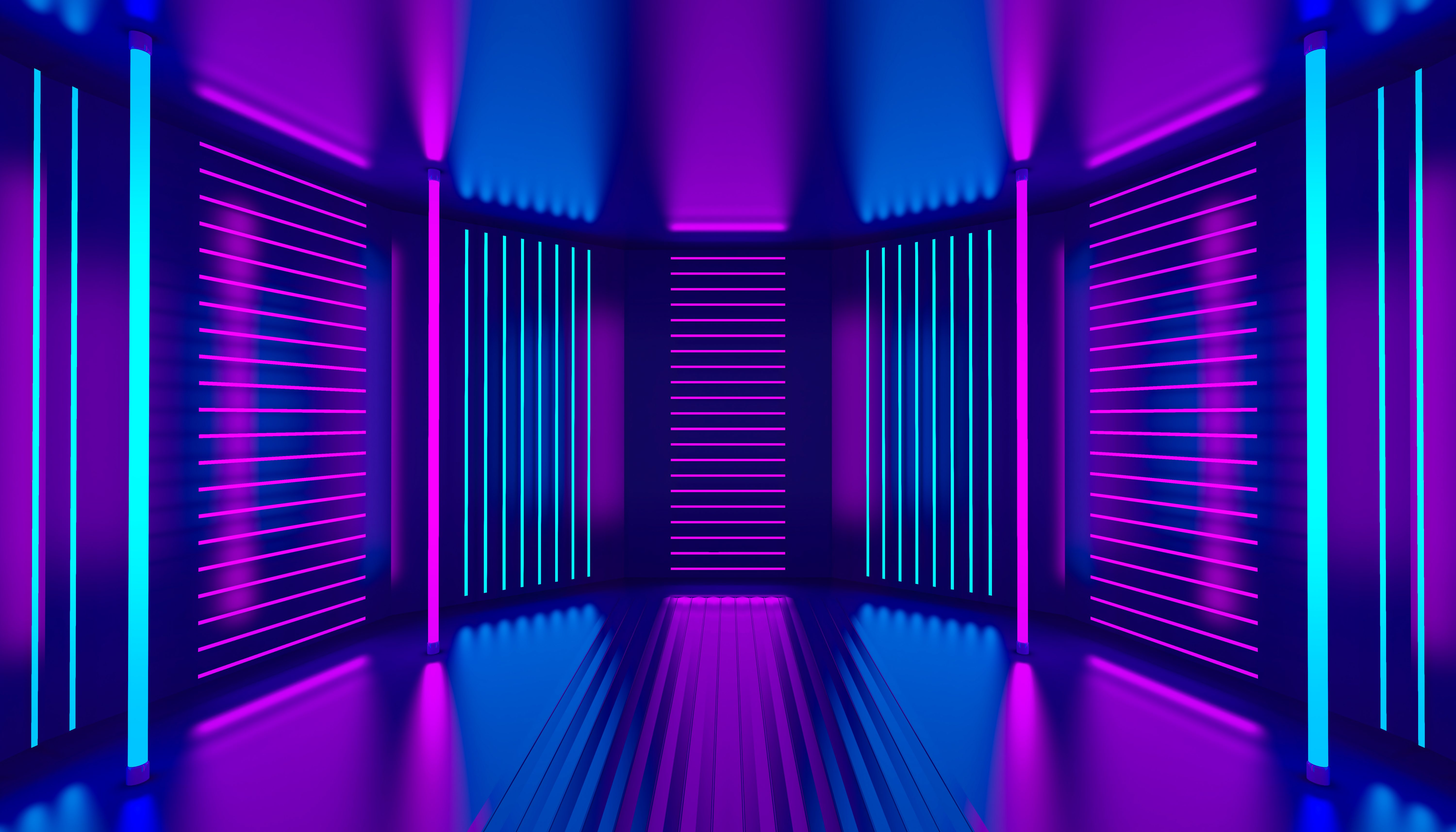 Papier peint futuriste néon couloir cyberpunk violet bleu