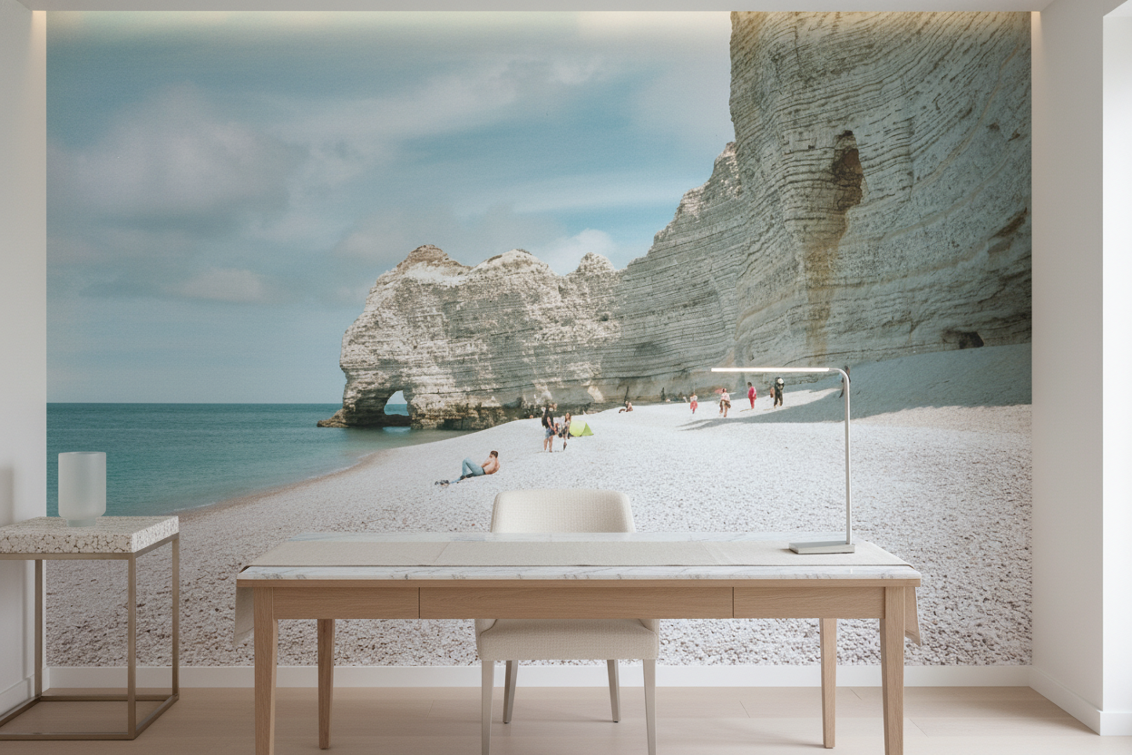 Plage de galets blancs avec falaises calcaires et arche naturelle - Bureau
