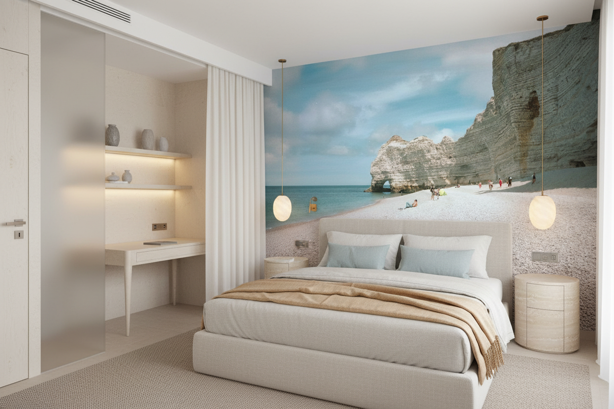 Plage de galets blancs avec falaises calcaires et arche naturelle — Hôtel