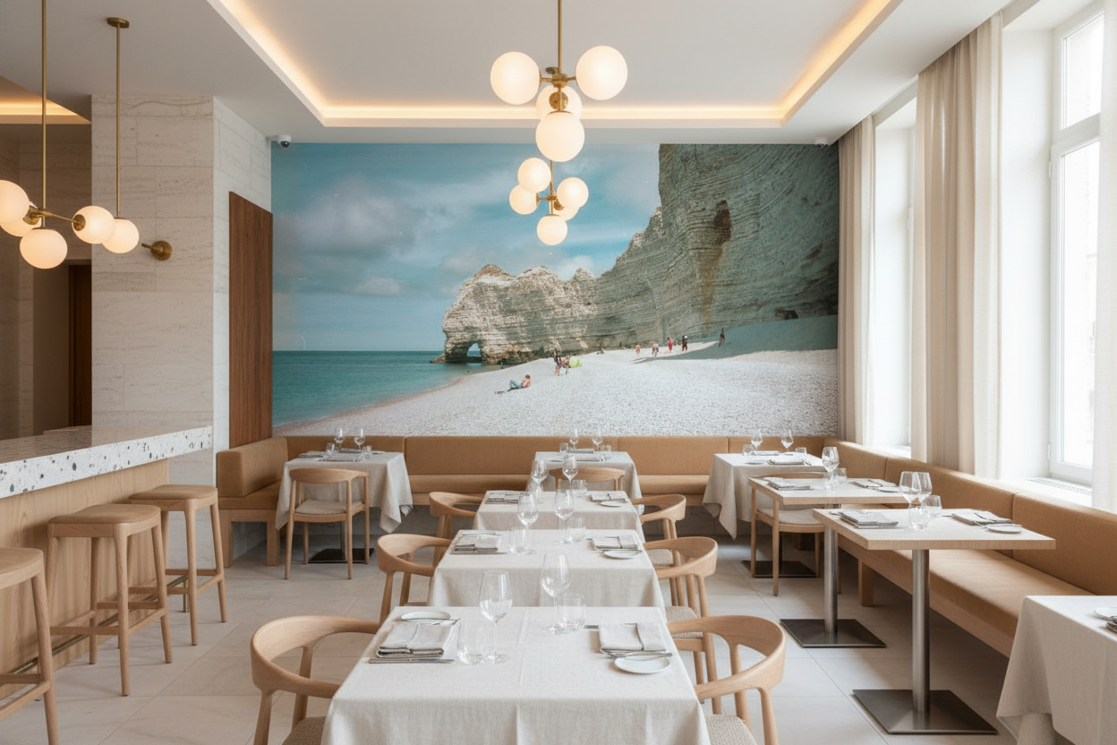 Plage de galets blancs avec falaises calcaires et arche naturelle - Restaurant