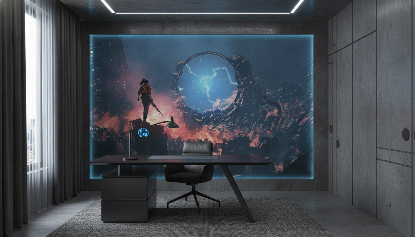 Portail Futuriste Électrique dans Paysage Urbain Post-Apocalyptique Mystérieux - Bureau