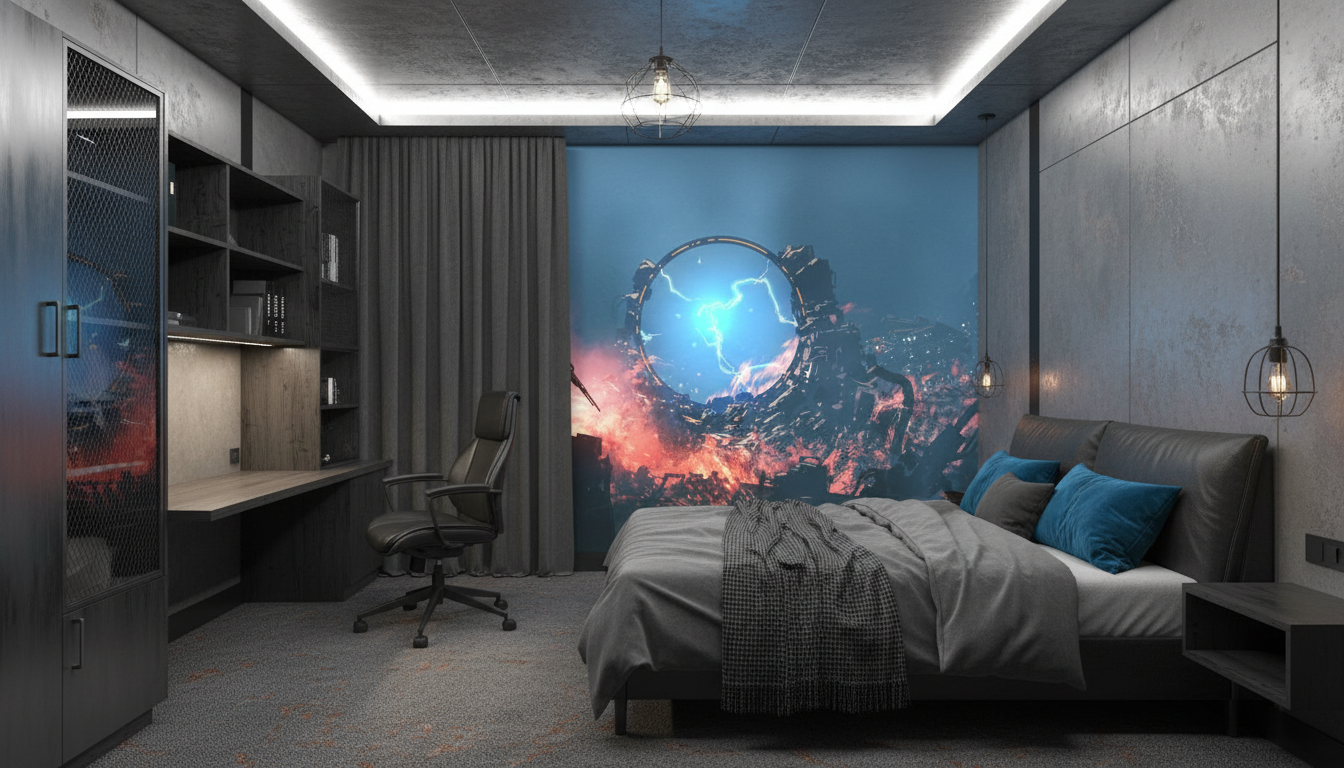 Portail Futuriste Électrique dans Paysage Urbain Post-Apocalyptique Mystérieux - Chambre ado