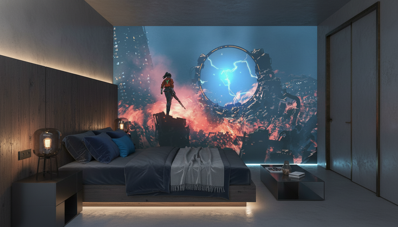 Portail Futuriste Électrique dans Paysage Urbain Post-Apocalyptique Mystérieux - Chambre adulte