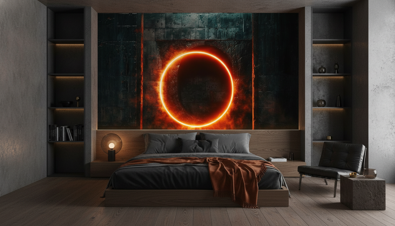 Portail mystique cercle lumineux orange dans temple sombre cyberpunk - Chambre adulte