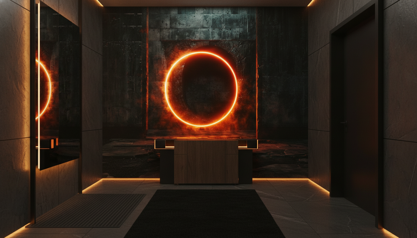 Portail mystique cercle lumineux orange dans temple sombre cyberpunk - Entrée