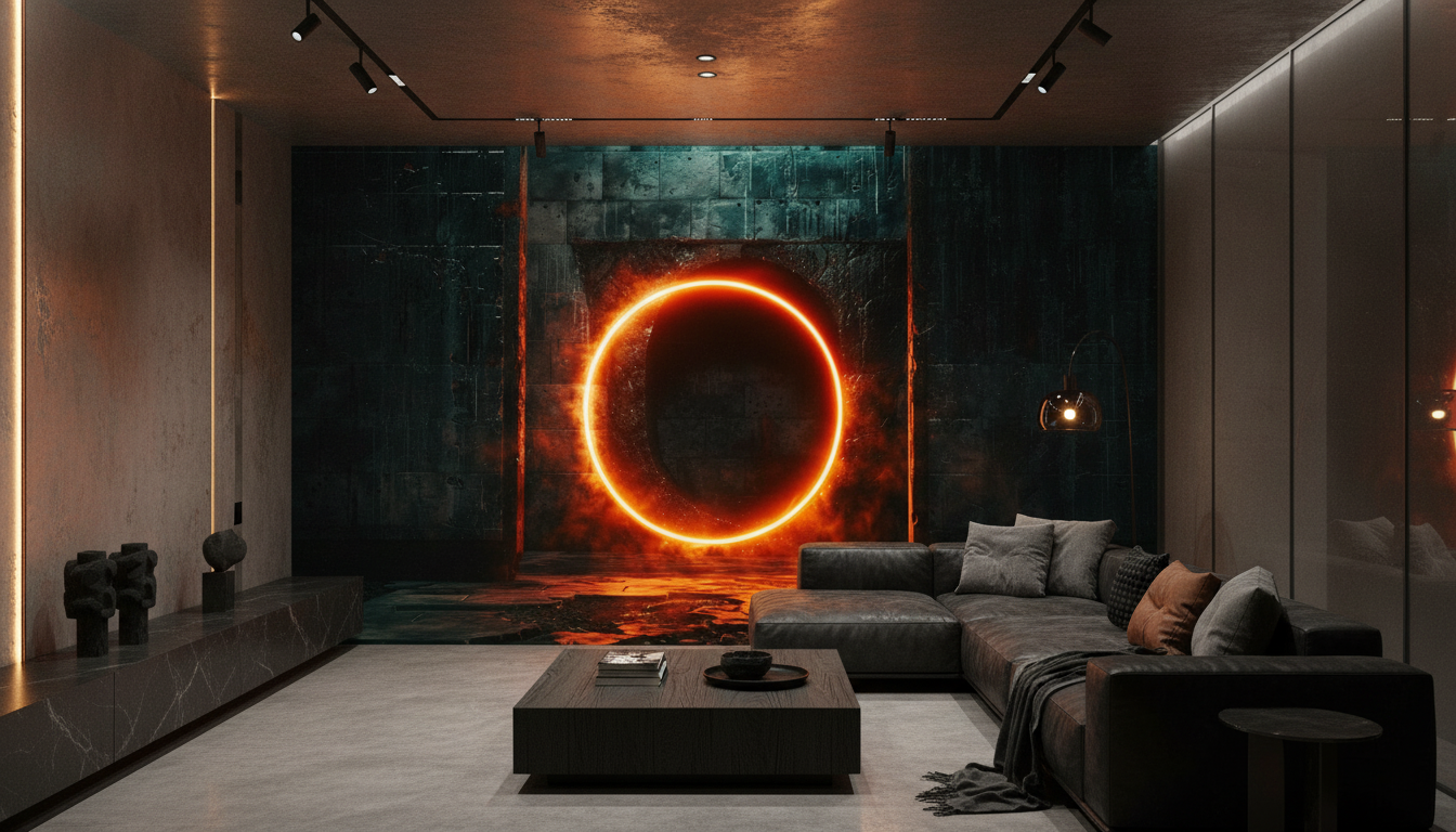 Portail mystique cercle lumineux orange dans temple sombre cyberpunk - Salon / Séjour