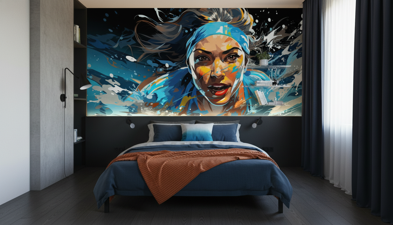 Portrait Artistique Femme Éclaboussures Aquatiques Bleu Orange Moderne - Chambre ado