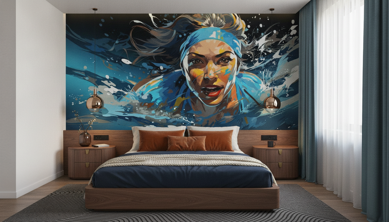 Portrait Artistique Femme Éclaboussures Aquatiques Bleu Orange Moderne - Chambre adulte