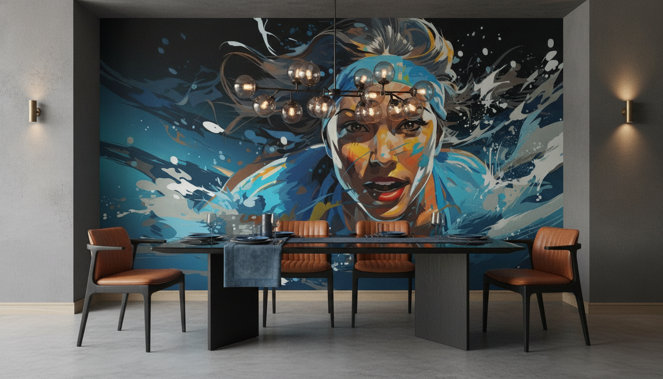Portrait Artistique Femme Éclaboussures Aquatiques Bleu Orange Moderne - Salle à manger