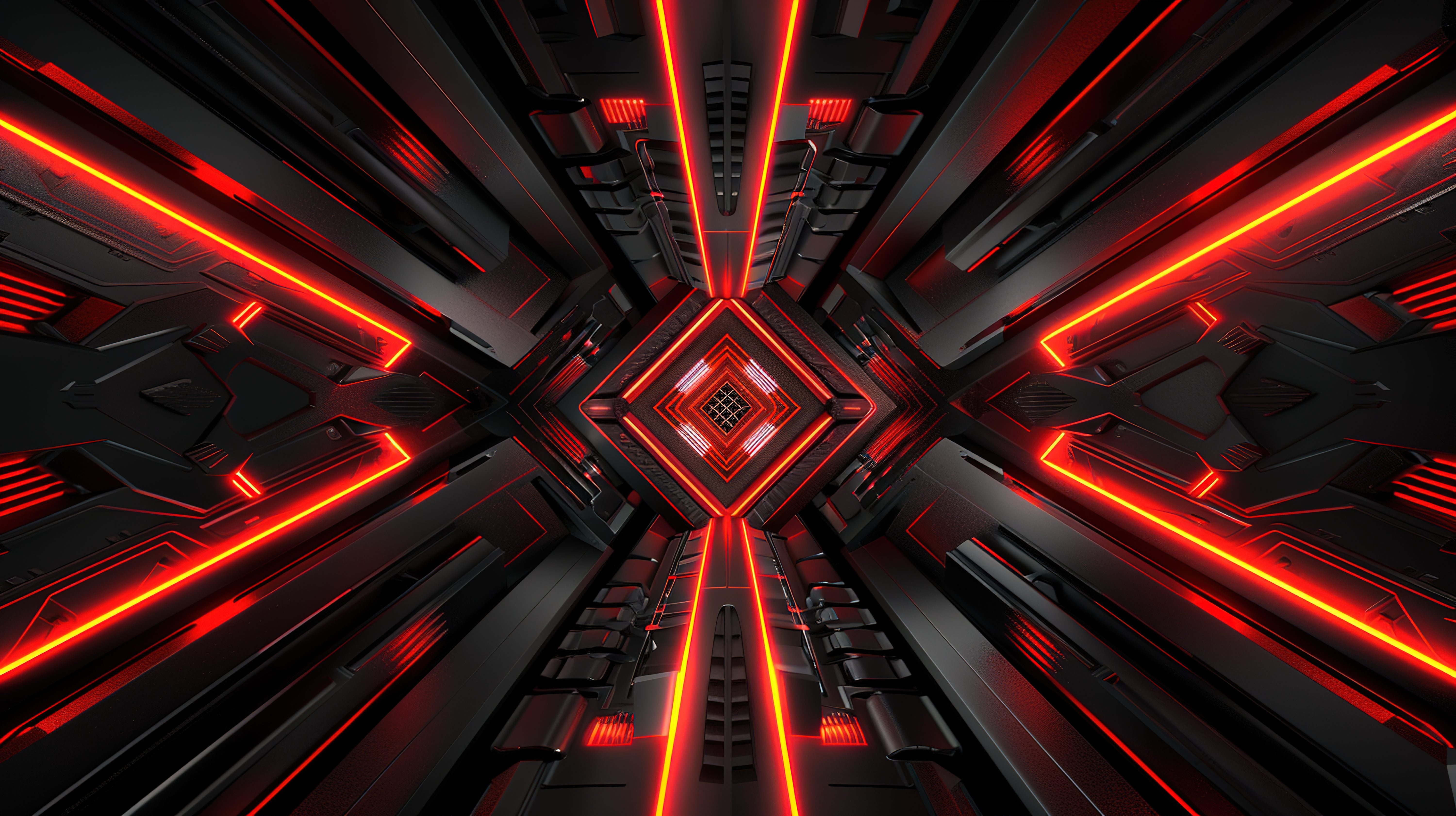 Tunnel Futuriste Géométrique aux Néons Rouges et Perspective Infinie