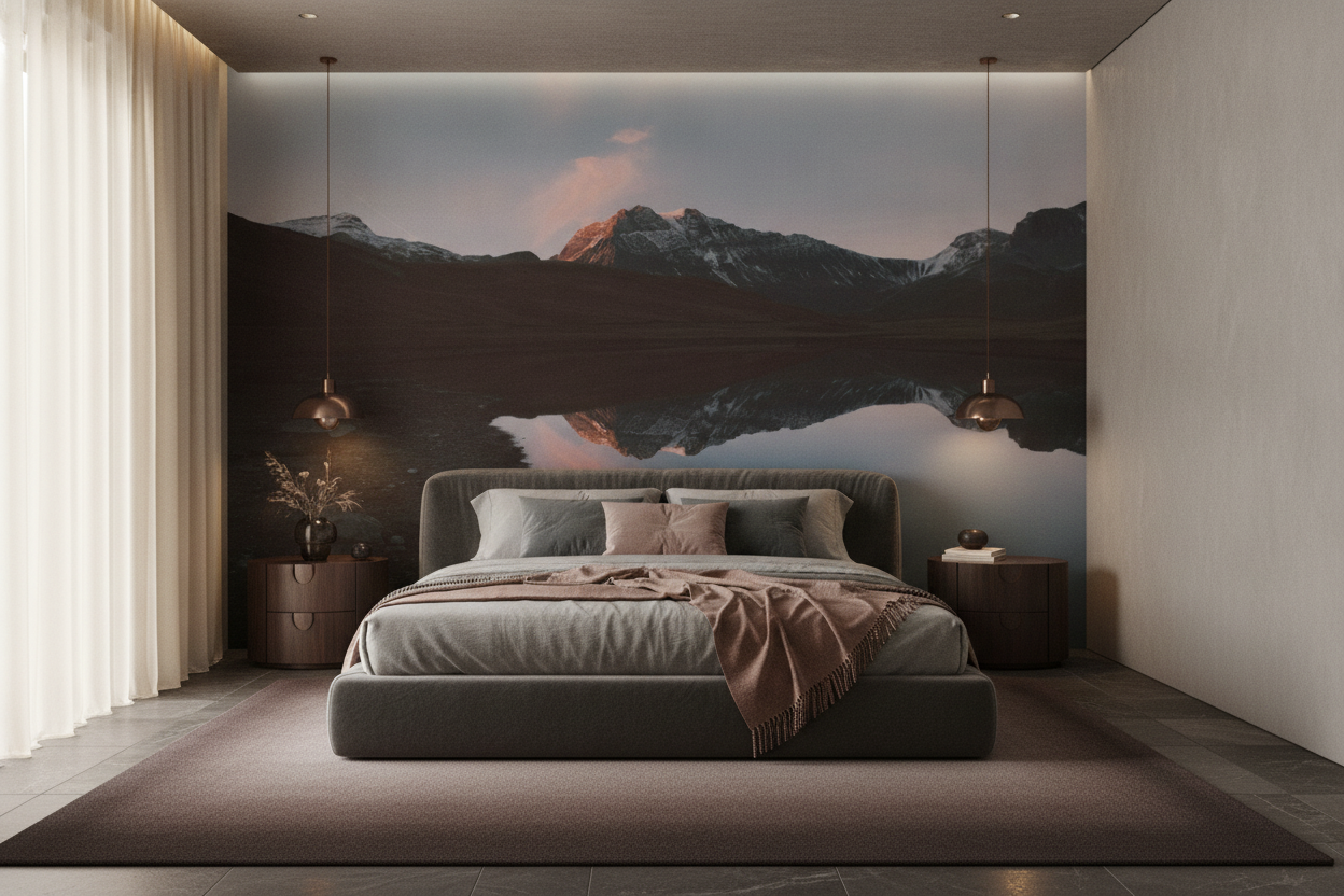 Reflet montagneux au coucher de soleil dans lac tranquille - Chambre adulte