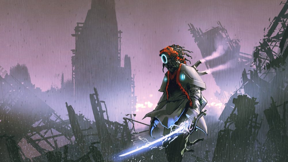 Guerrier Cyberpunk sous la Pluie dans Cité Dystopique Futuriste