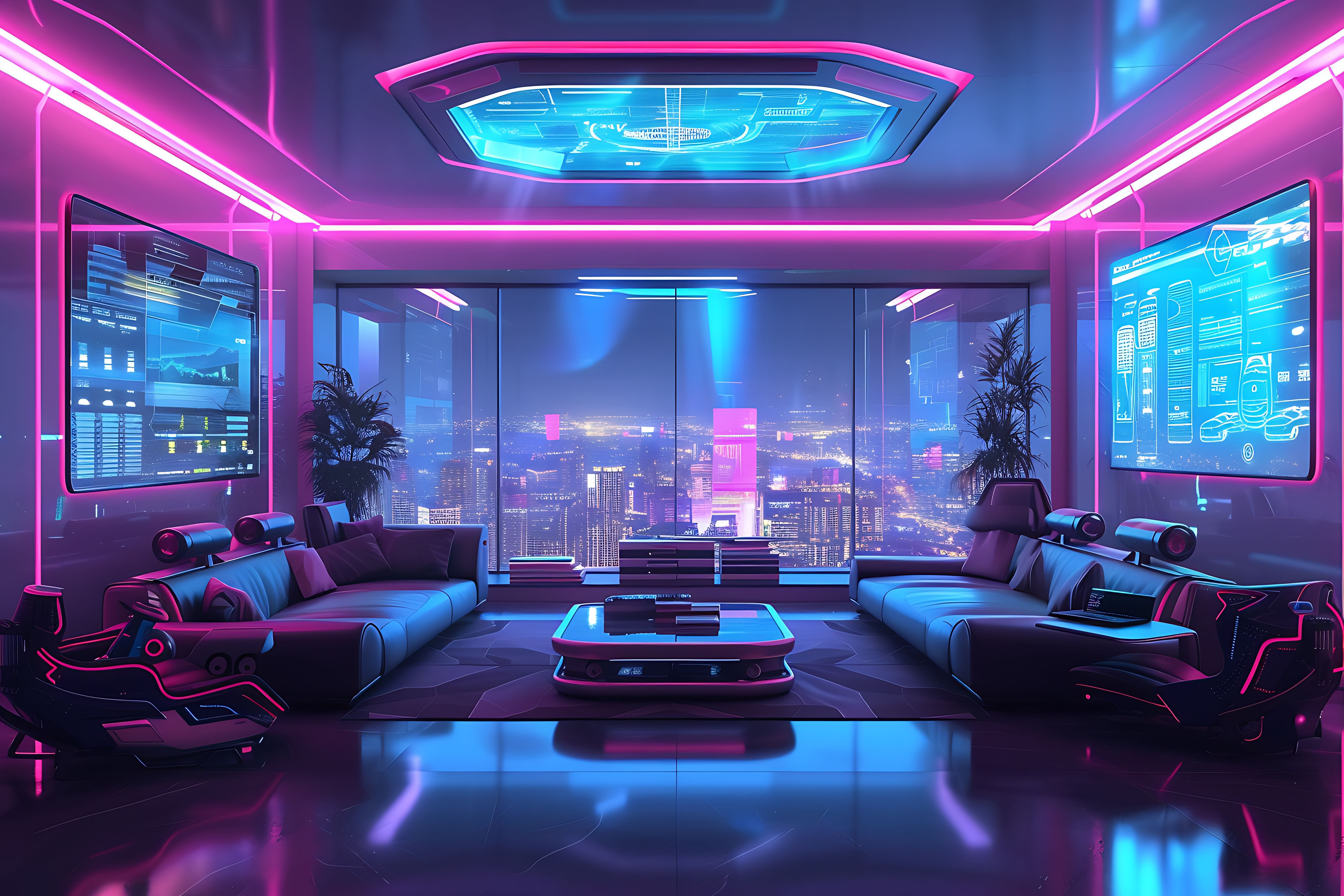 Salon Futuriste Cyberpunk avec Vue Urbaine et Néons Violets