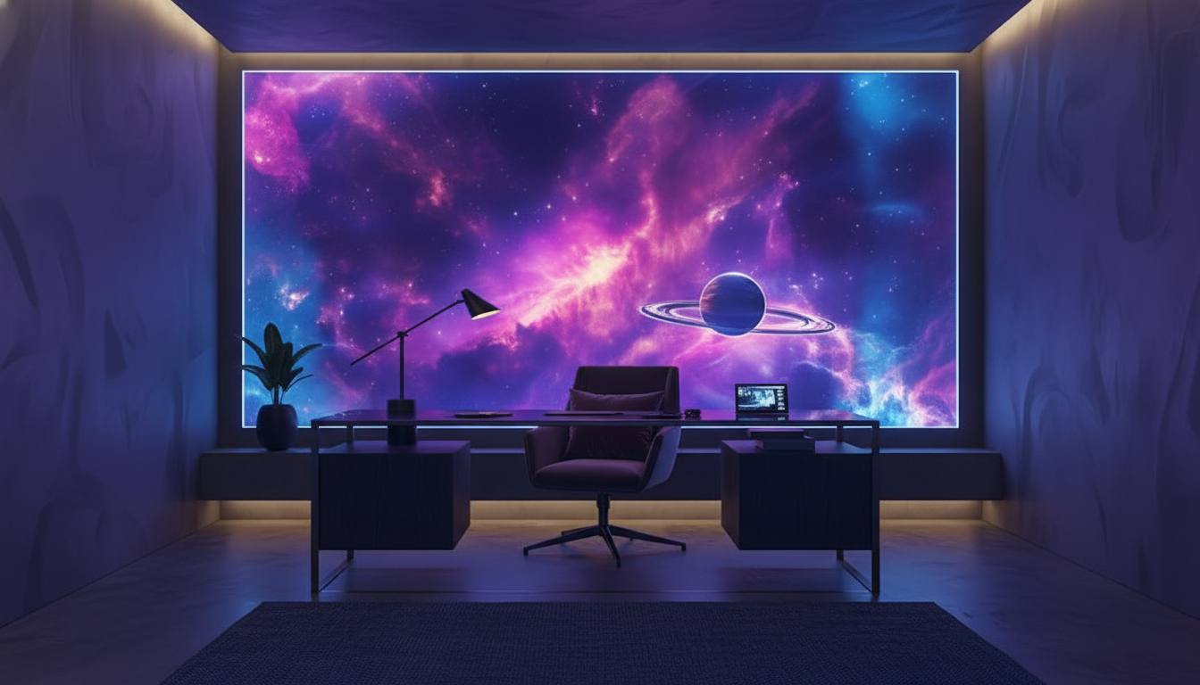 Salon Futuriste avec Vue Cosmique et Ambiance Néon Violette - Bureau