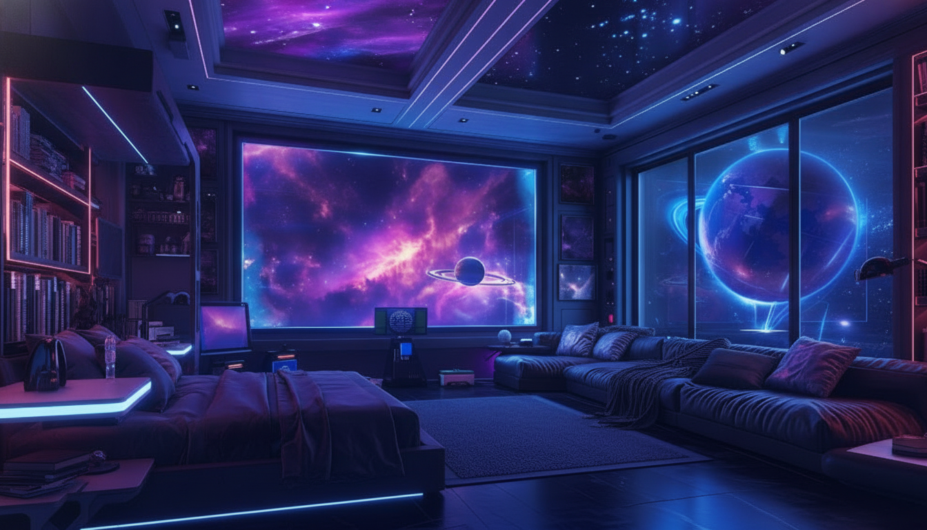 Salon Futuriste avec Vue Cosmique et Ambiance Néon Violette - Chambre ado