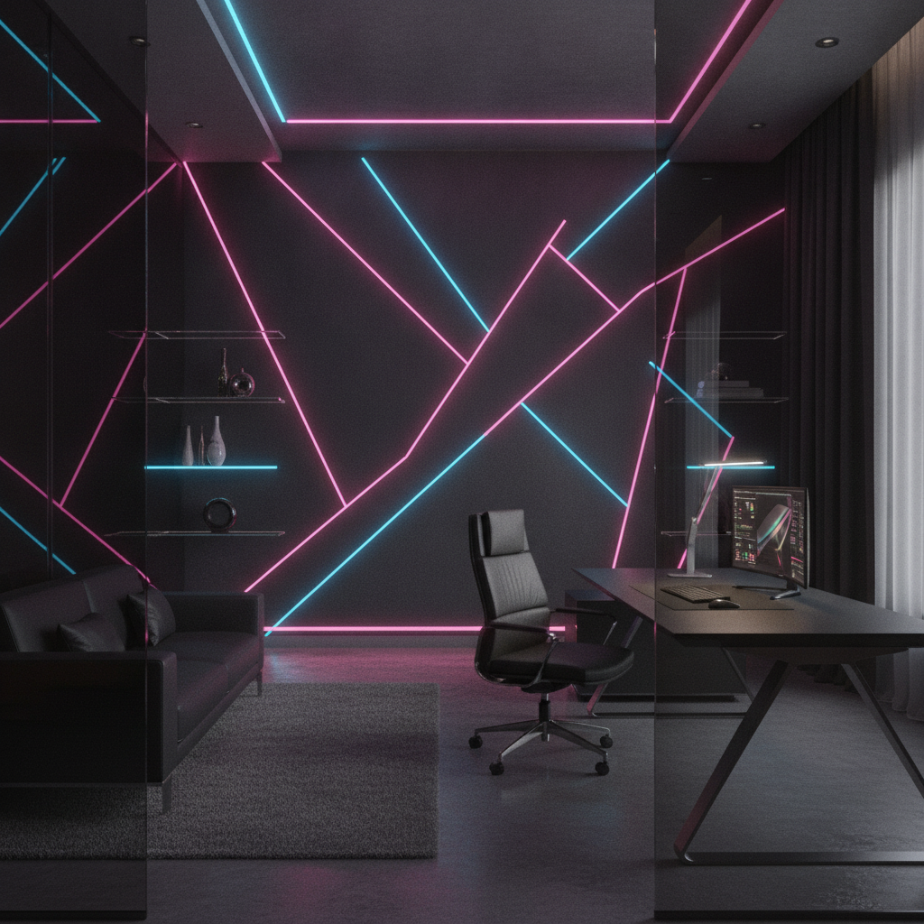Salon Futuriste Cyberpunk avec Éclairage Néon Rose et Bleu - Bureau