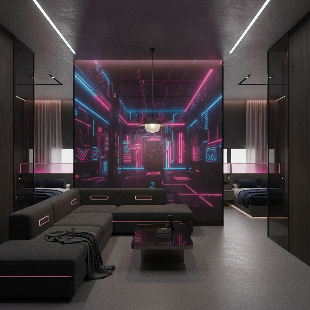 Salon Futuriste Cyberpunk avec Éclairage Néon Rose et Bleu - Hôtel