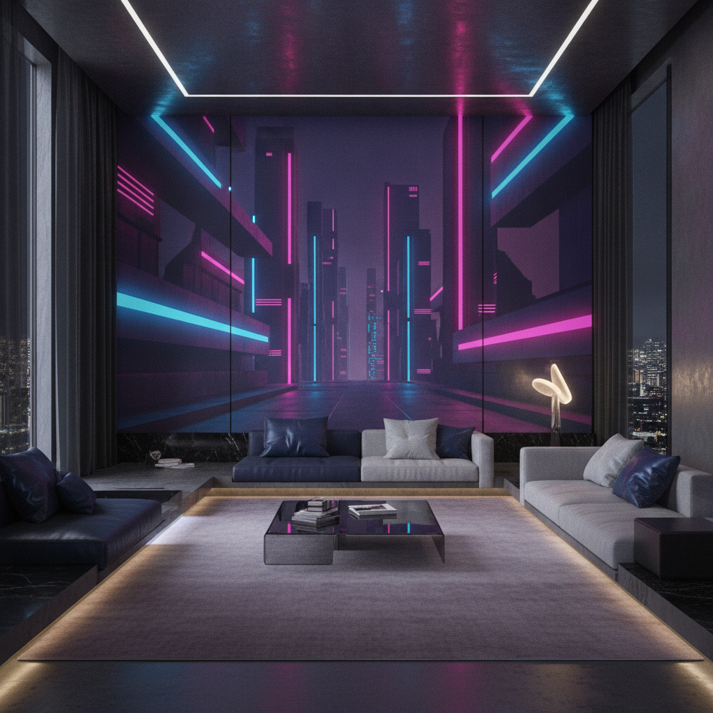 Salon Futuriste Cyberpunk avec Éclairage Néon Rose et Bleu - Salon / Séjour