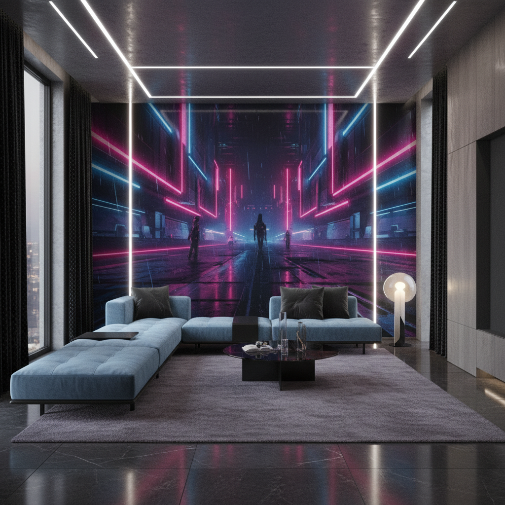 Salon Futuriste Cyberpunk avec Éclairage Néon Rose et Bleu - Salon / Séjour