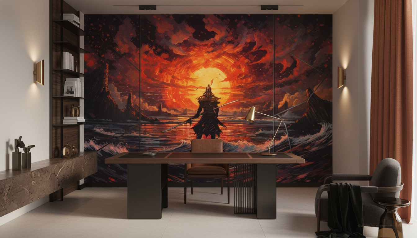 Samouraï Guerrier Coucher Soleil Orange Océan Tempête Épique - Bureau
