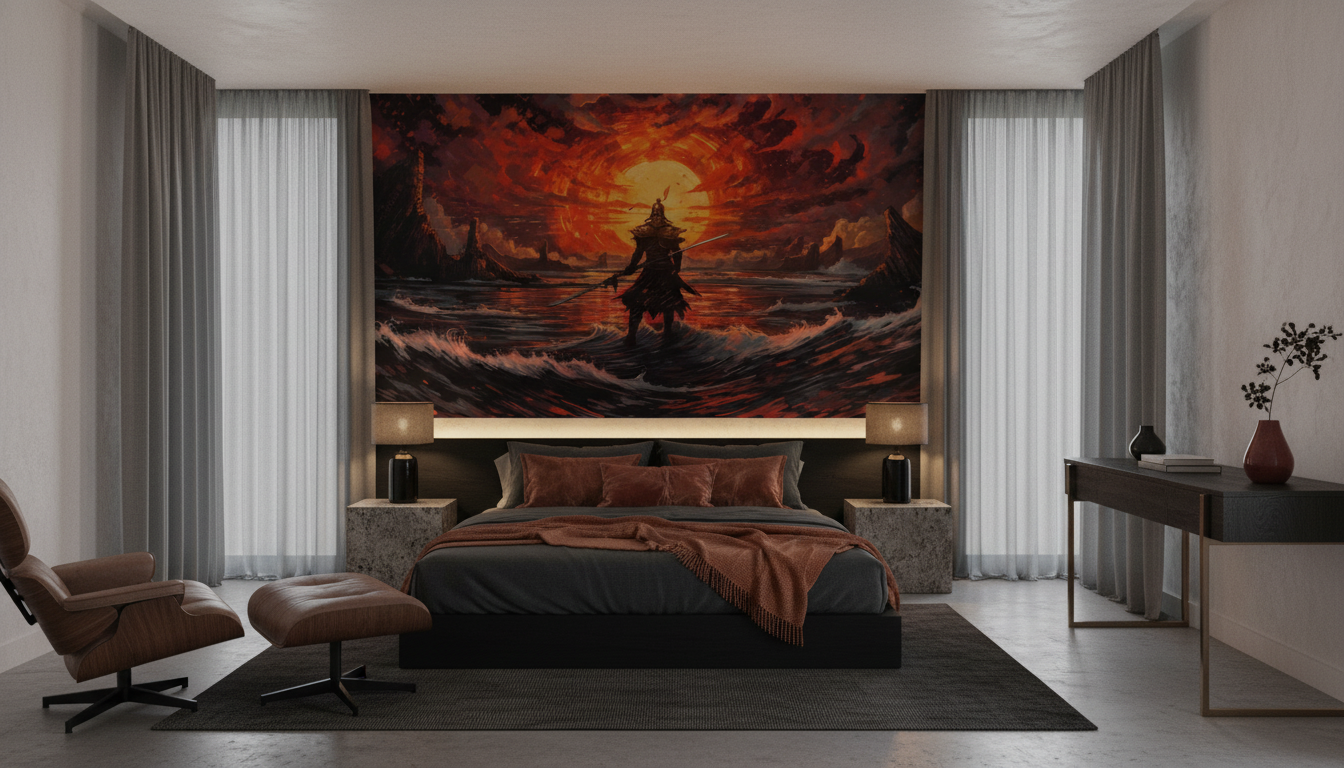 Samouraï Guerrier Coucher Soleil Orange Océan Tempête Épique - Chambre adulte