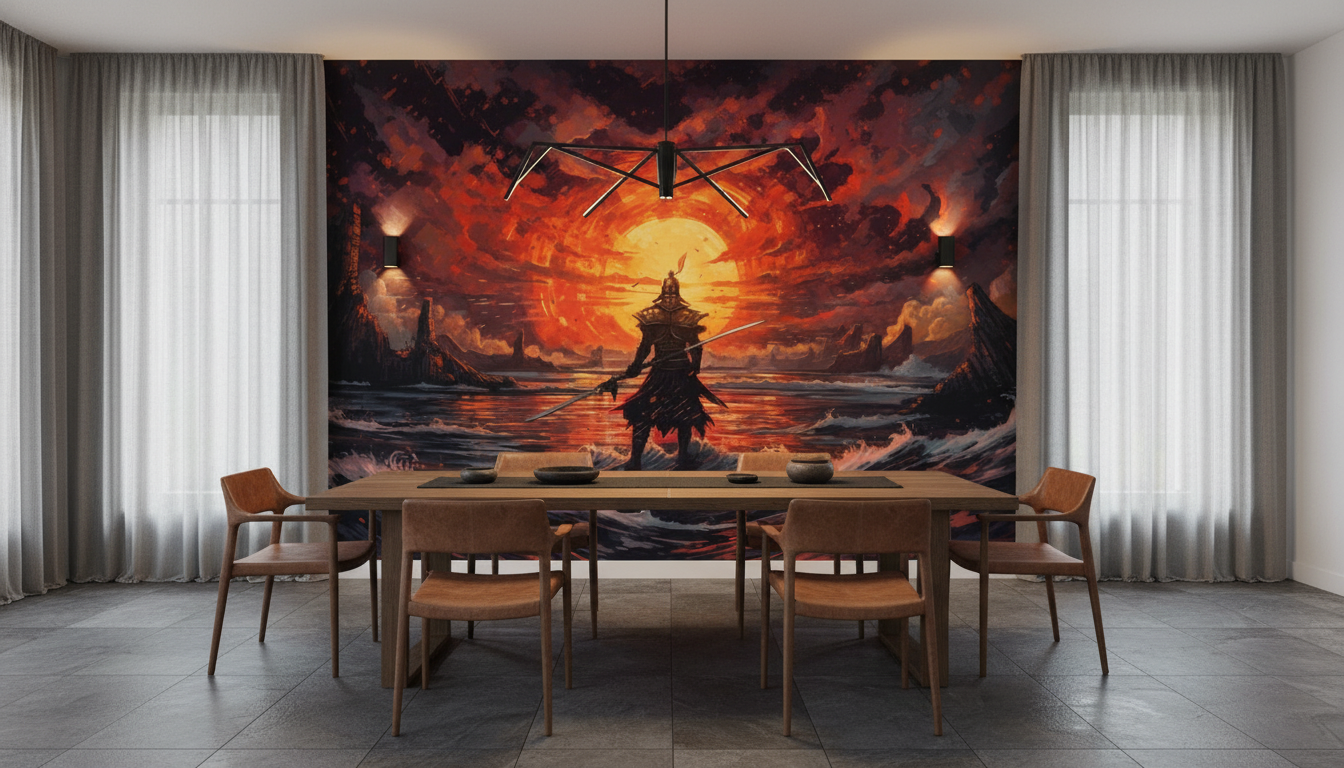 Samouraï Guerrier Coucher Soleil Orange Océan Tempête Épique - Salle à manger